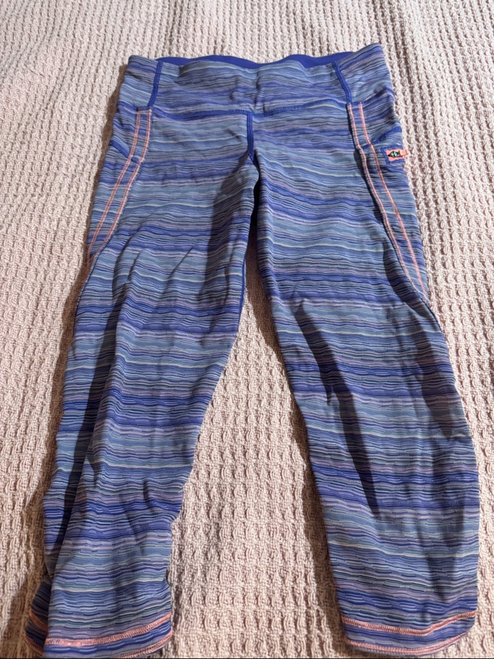 lululemon athletica Blue Striped Capri Leggings with Pink Stitching